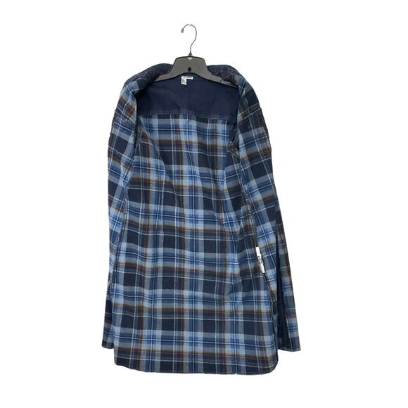 ETHYL Womens Denim Blue Open Front Jacket Plaid Raw Hem Duster Sz Large Pockets - Picture 3 of 7